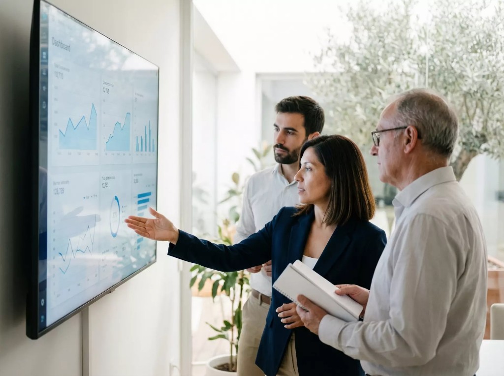 Team reviewing sales dashboard and revenue data